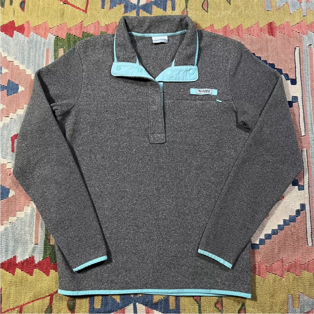 Columbia PFG Grey & Blue Fleece 1/4 Snap Long Sleeve Women’s Medium Pockets
